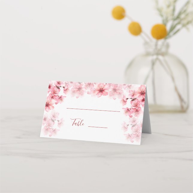 Watercolor Cherry Blossom Pink White Wedding Platzkarte (Vorderseite)