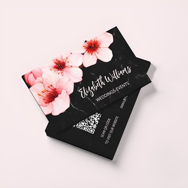Watercolor Cherry Blossom Schwarzer Marmor | Qr Co Visitenkarte (Von Creator hochgeladen)