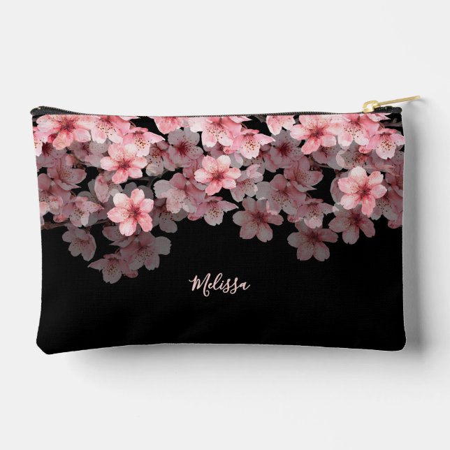 Watercolor Cherry Blossoms Black Pink | Your Name Zubehörtasche (Rückseite)