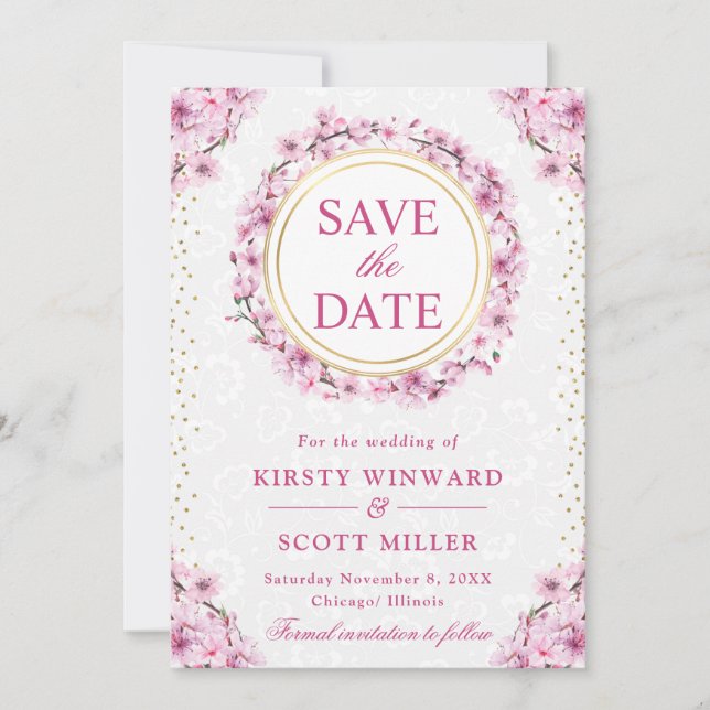 Watercolor Cherry Blossoms Wreath Wedding Save The Date (Vorderseite)