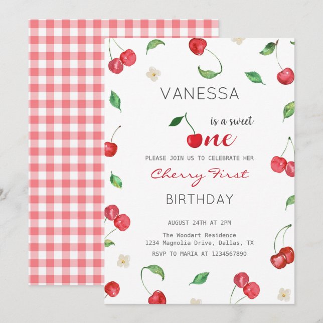 Watercolor Cherry Girl Invitation d'anniversaire (Devant / Derrière)