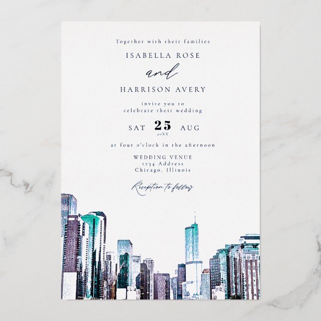 Watercolor Chicago Skyline Wedding Einladung (Vorderseite)