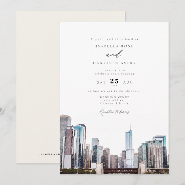 Watercolor Chicago Skyline Wedding Einladung (Vorne/Hinten)