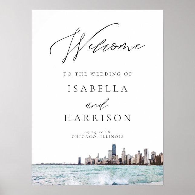 Watercolor Chicago Skyline Wedding Welcome Poster (Vorne)