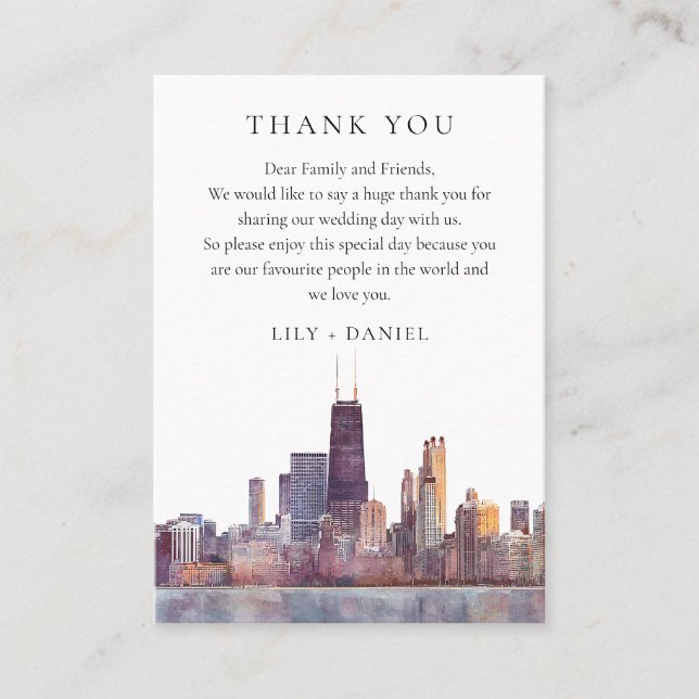 Watercolor Chicago Wedding Thank You Platzkarte (Vorderseite)