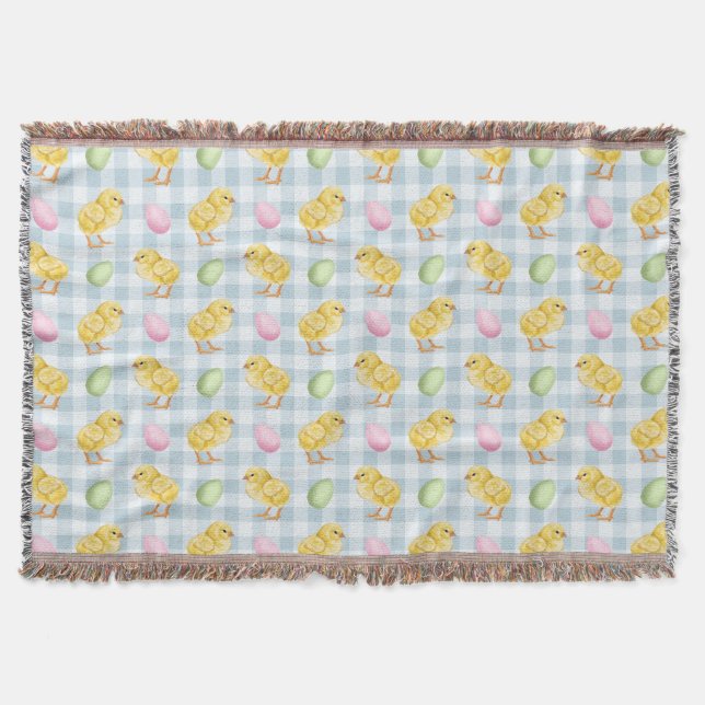 Watercolor Chick And Eggs On Blue Gingham Pattern Decke (Vorderseite)