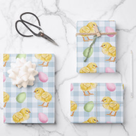 Watercolor Chick And Eggs On Blue Gingham Pattern Geschenkpapier Set