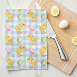 Watercolor Chick And Eggs On Blue Gingham Pattern Geschirrtuch