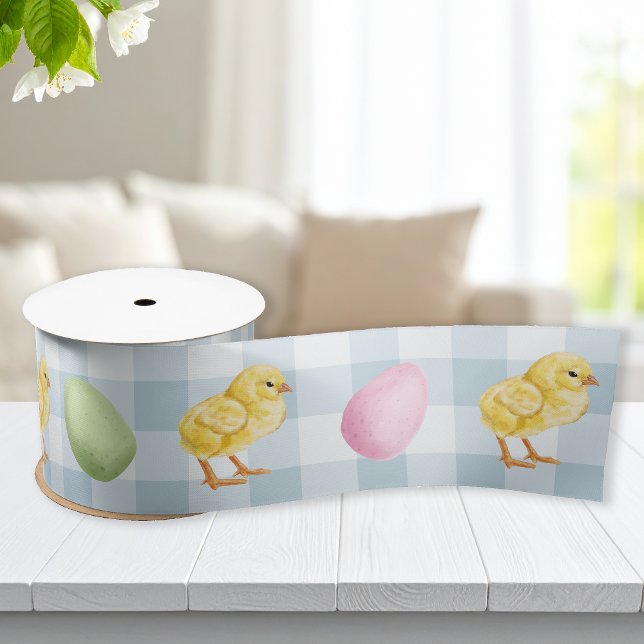 Watercolor Chick And Eggs On Blue Gingham Pattern Satinband (Von Creator hochgeladen)