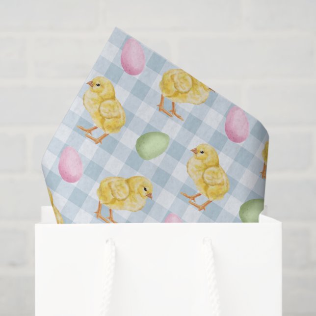 Watercolor Chick And Eggs On Blue Gingham Pattern Seidenpapier (Geschenktüte)