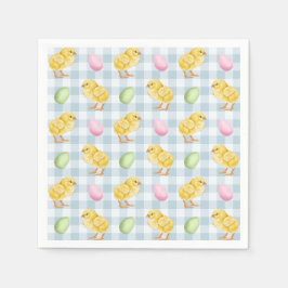 Watercolor Chick And Eggs On Blue Gingham Pattern Serviette