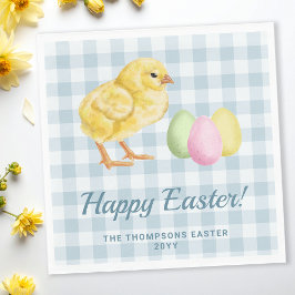 Watercolor Chick And Eggs On Blue Happy Easter Serviette