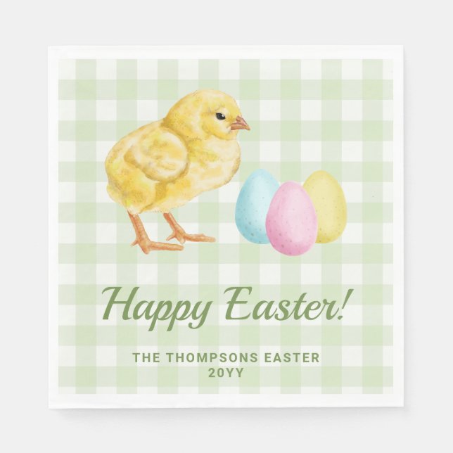 Watercolor Chick And Eggs On Green Happy Easter Serviette (Vorderseite)