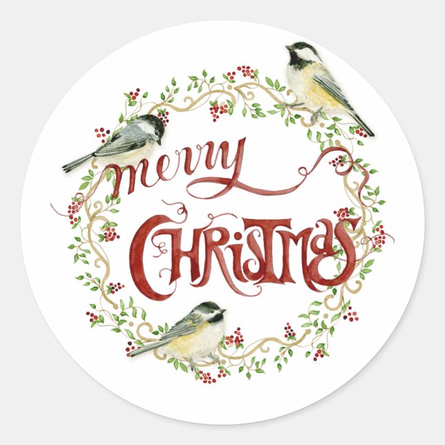 Watercolor Chickadee Birds Frohe Weihnachtsfeier Runder Aufkleber (Vorderseite)
