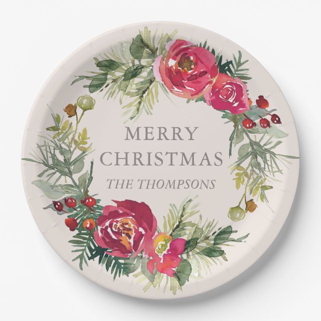 Watercolor Chill Winter Floral Personalisierter Na Pappteller (Vorderseite)