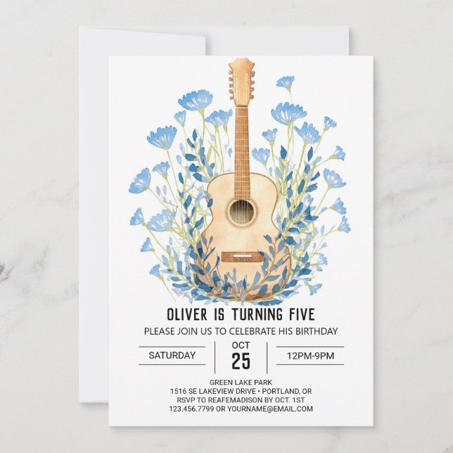 Watercolor Chord Guitar Boy Birthday Einladung (Vorderseite)