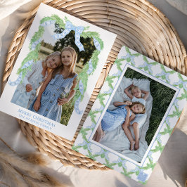 Watercolor Christmas Blue Bow Garland Foto Feiertagskarte