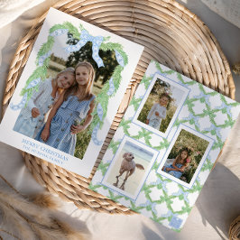 Watercolor Christmas Blue Bow Garland Foto Feiertagskarte