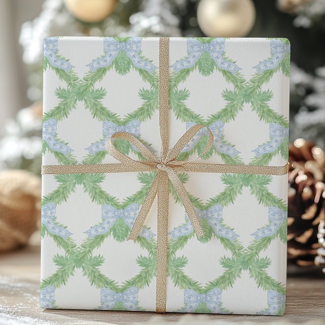 Watercolor Christmas Blue Bow Garland Geschenkpapier (Von Creator hochgeladen)