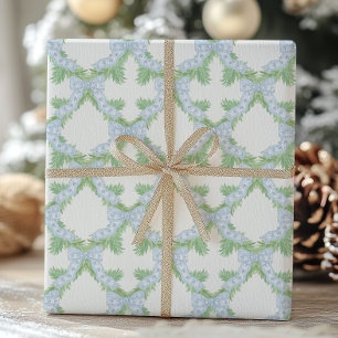 Watercolor Christmas Blue Bow Garland Geschenkpapier