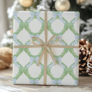 Watercolor Christmas Blue Bow Garland Geschenkpapier