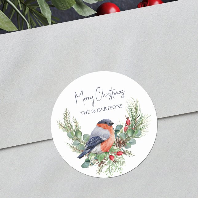 Watercolor Christmas Bullfinch Winter Bird Runder Aufkleber (Von Creator hochgeladen)