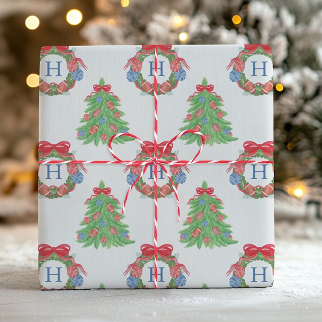 Watercolor Christmas Football Monogram Wreath Tree Geschenkpapier (Von Creator hochgeladen)
