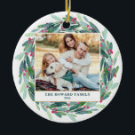 Watercolor Christmas Greenery Wreath Multi Photo Keramik Ornament<br><div class="desc">Happy Holidays! Add a festive accent to your Christmas tree with this custom ornament. It features watercolor greenery and red berries wreath. Personalize by adding your own photos. This custom photo ornament will also be perfect as a gift.</div>