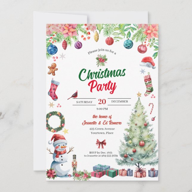 Watercolor Christmas Holiday Party Einladung (Vorderseite)
