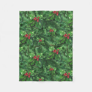 Watercolor Christmas Holly Berries Fleecedecke