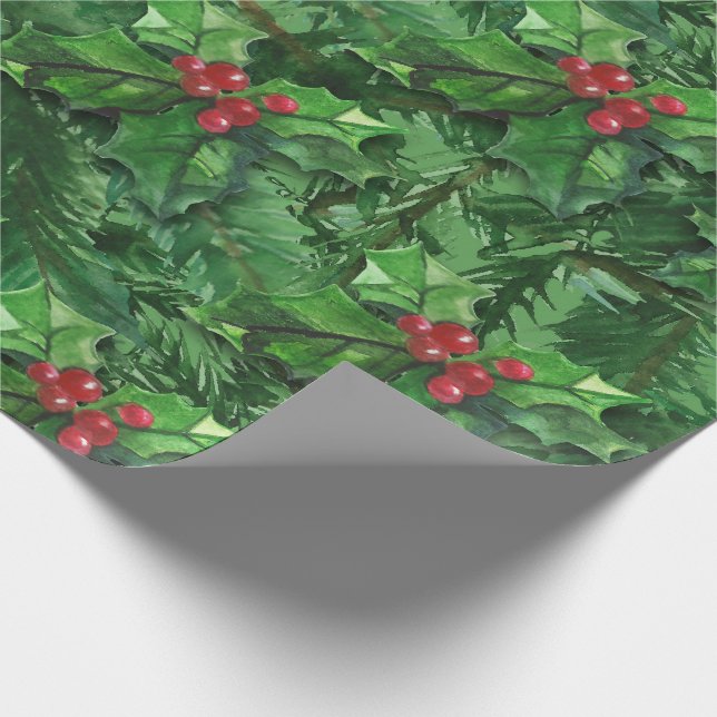 Watercolor Christmas Holly Berries Geschenkpapier (Ecke)