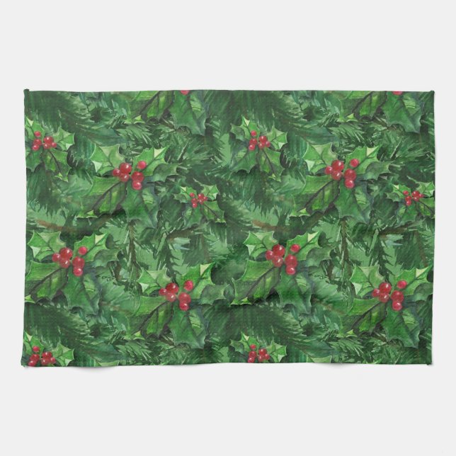 Watercolor Christmas Holly Berries Geschirrtuch (Horizontal)