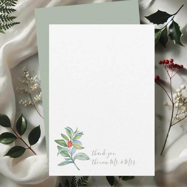 Watercolor Christmas Holly & Berries Vielen Dank Mitteilungskarte (Christmas thank you card watercolor botanical art by Victoria Grigaliunas of Do Tell A Belle)