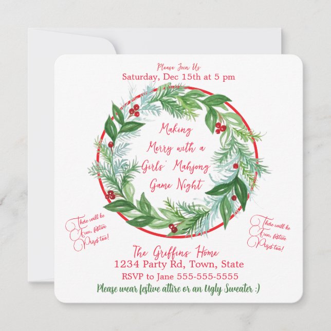Watercolor Christmas MAHJONG Holiday Party Einladung (Vorderseite)