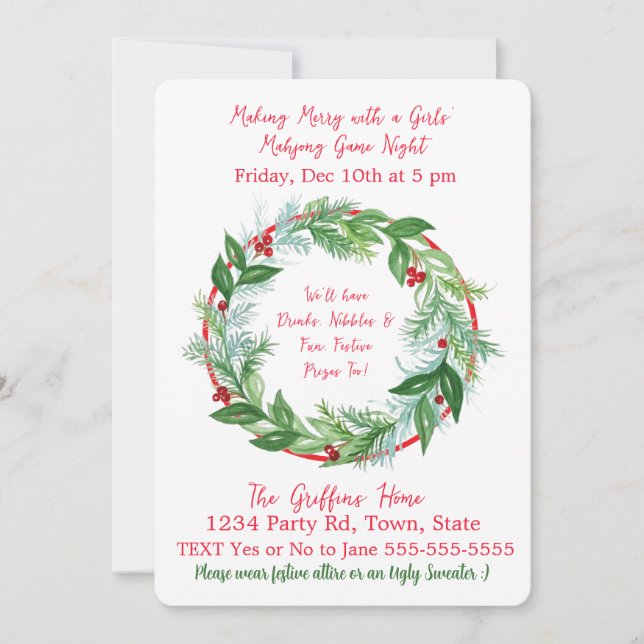 Watercolor Christmas MAHJONG Holiday Wreath L Einladung (Vorderseite)