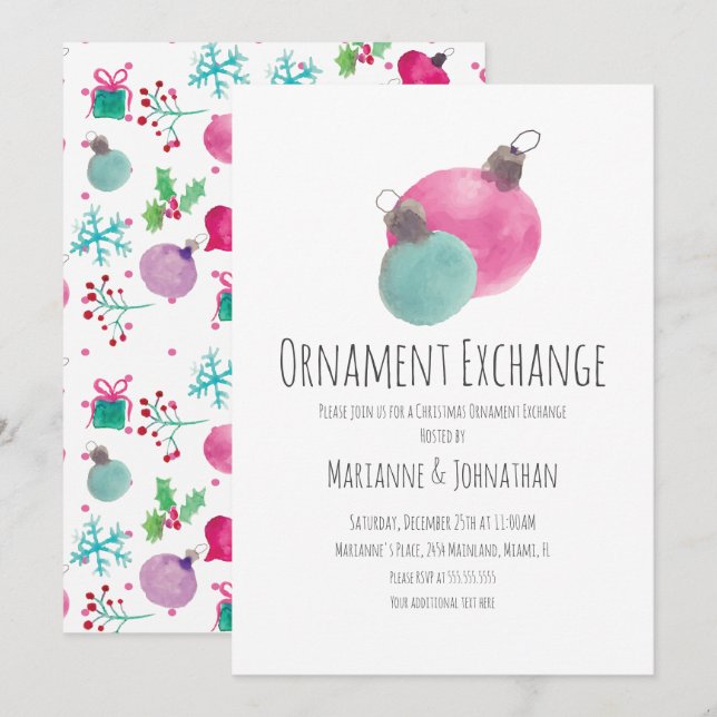 Watercolor Christmas Party Ornaments Exchange Einladung (Vorne/Hinten)