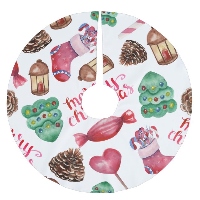 WATERCOLOR CHRISTMAS STRUMPFS BÄUME PINE CONES POLYESTER WEIHNACHTSBAUMDECKE (Vorderseite)