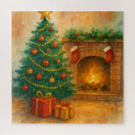 Watercolor Christmas Tree & Cozy Fireplace Holiday
