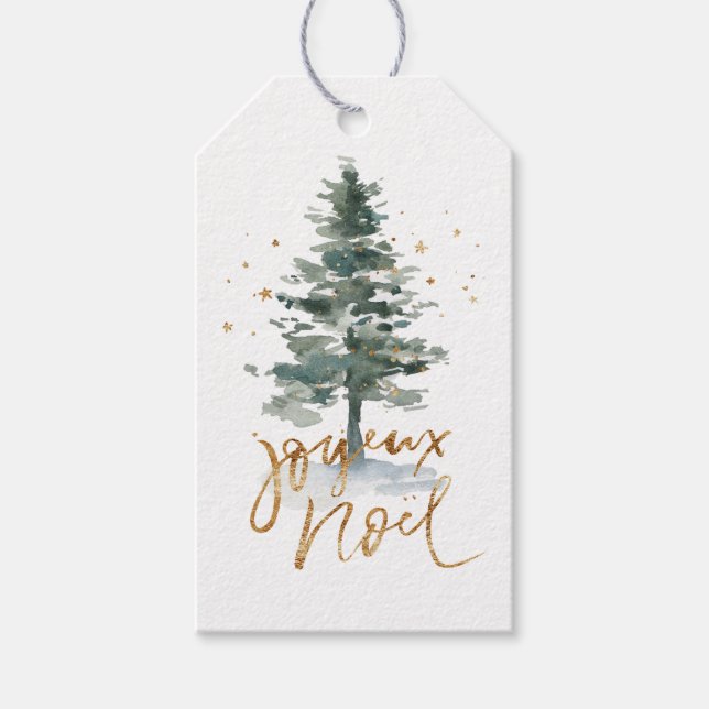 Watercolor Christmas Tree Gold Joyeux Weihnachten Geschenkanhänger (Vorderseite)