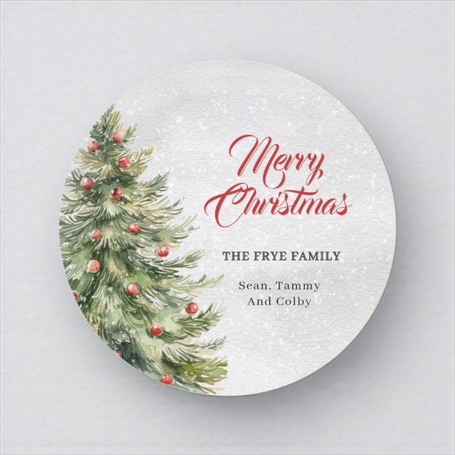 Watercolor Christmas Tree Holiday Gift Runder Aufkleber (Personalized Merry Christmas round sticker with family name)