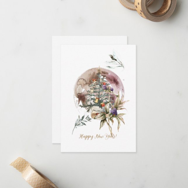 Watercolor Christmas Tree Stationery  Mitteilungskarte (Vorderseite/Rückseite Beispiel)