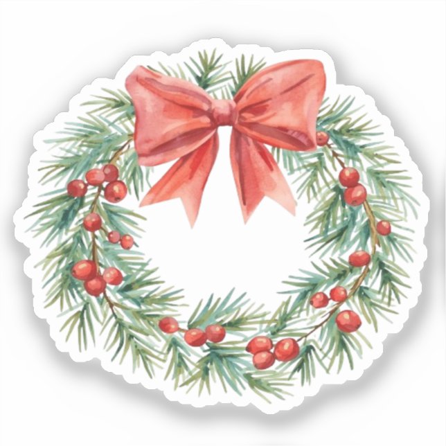Watercolor Christmas Wreath with Red Bow & Berries Aufkleber (Vorderseite)