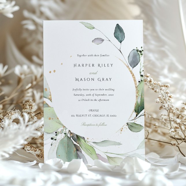 Watercolor Circle Green Gold Foliage Hochzeit Einladung (Von Creator hochgeladen)