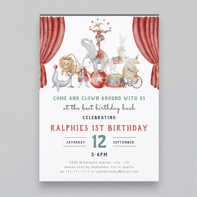 Watercolor Circus Elephant First Birthday Einladung (Von Creator hochgeladen)