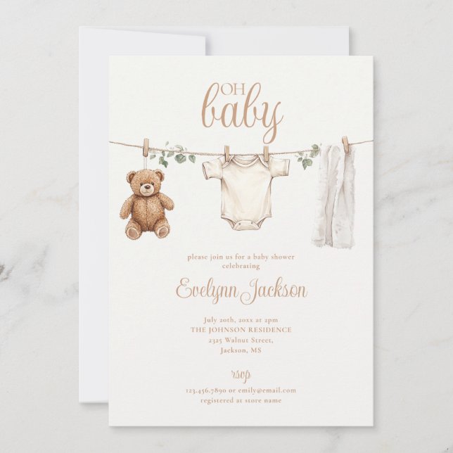 Watercolor Clothesline Neutral Baby Shower Einladung (Vorderseite)