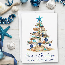 Watercolor Coastal Tree Seas and Greetings Beach Feiertagskarte