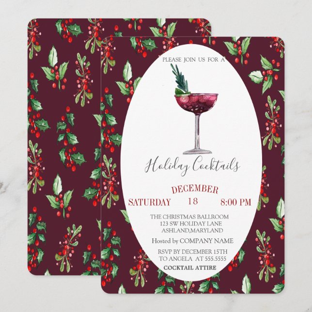 Watercolor Cocktail Holly Berry Weihnachten Einladung (Vorne/Hinten)