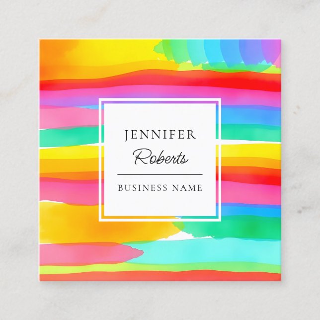 Watercolor Colorful Rainbow Stripes Pattern Quadratische Visitenkarte (Vorderseite)
