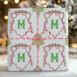 Watercolor Confetti Christmas Trees Monogram Wappe Geschenkpapier