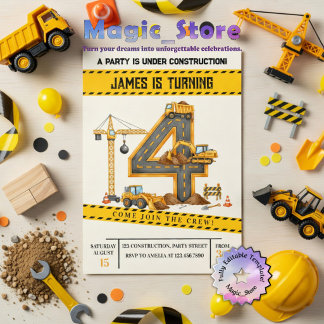 Watercolor Construction Trucks 4th Birthday Party Einladung